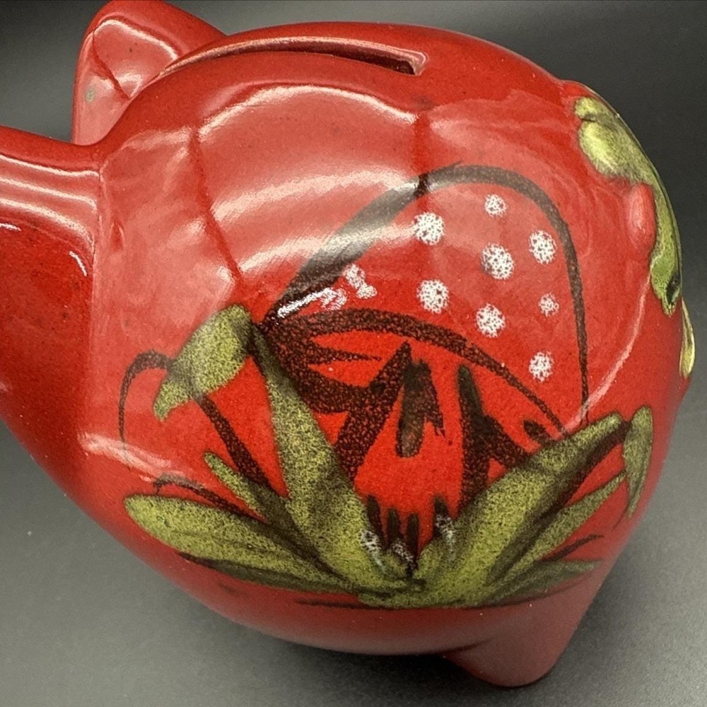 Vtg Stoneware/Ceramic Red Piggy Bank Glazed Pig Mushroom Floral 1979 Germany - Picture 3 of 10